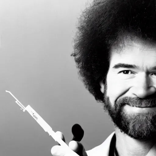 Image similar to portrait of bob ross holding a syringe and a spoon, photo