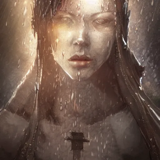 Prompt: shadow of the cross, shameless woman whis impudent facial expression, atmosphere of bloody rain, trending on artstation, highly detailed, digital painting, volumetric light, concept art, sharp focus, illustration