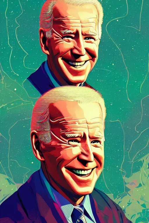 Prompt: portrait of joe biden, candid smiling down from above, artstation winner by victo ngai, kilian eng and by jake parker vibrant colors, winning - award masterpiece, fantastically gaudy, aesthetic octane render, 8 k hd resolution
