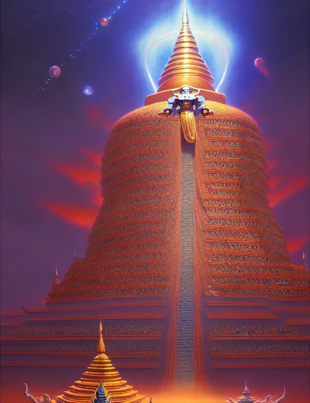 Prompt: a giant buddha gundam, thailand architecture, mosque architecture, fantasy scifi, tim hildebrandt, wayne barlowe, bruce pennington, donato giancola, trending on artstation, cinematic composition, beautiful lighting, hyper detailed, 8 k, oil on canvas