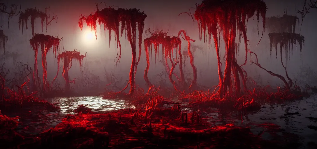 Prompt: dramatic render of dark alien swamp at night, accurate ray tracing, glowing watery lake, mysterious red fog, glowing lights, twisted withering vines, glowing fungi, sharp spiky rocks, ambient occlusion, unreal engine, detailed, vibrant, artstation, by dylan cole and jordan grimmer