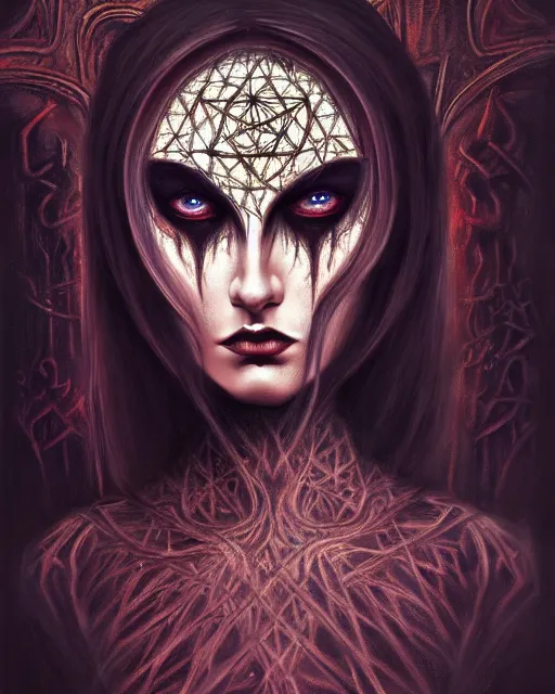 Image similar to painting of a satanic dark ritual, enigmatic beauty, esoteric, muted colors, head in focus, fantasy art, ornamental aesthetics, intricate, elegant, highly detailed hyperrealistic painting, artstation, concept art, painterly, sharp focus, illustration, art by lois royoi