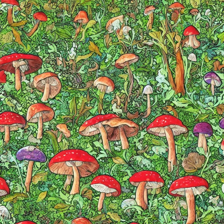 Prompt: a bunch of mushrooms that are on the ground, moss and leaves, a jigsaw puzzle by ursula wood, pinterest contest winner, ecological art, psychedelic, colorful, i can't believe how beautiful this is, seamless pattern, tiling texture