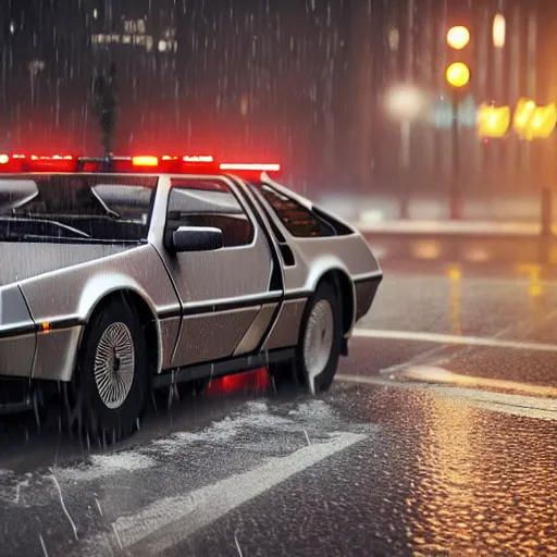 Image similar to hyperdetailed, photorealistic photograph of a dmc 1 2 delorean driving in the streets, rain, night, dense fog, hd, unreal engine 5