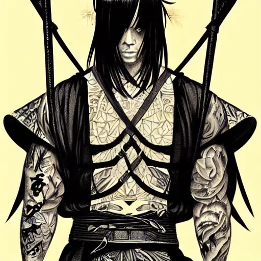 Prompt: silhouette of a heavily tattooed Kenshin the Samurai Warrior illustration, medium shot, intricate, elegant, highly detailed, digital art, ffffound, art by JC Leyendecker and sachin teng