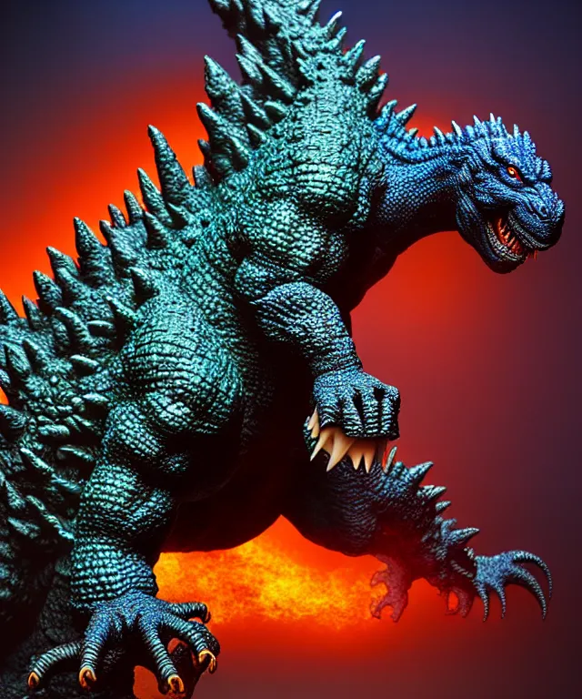 Prompt: hyperrealistic rendering, godzilla by art of skinner and richard corben and jeff easley, product photography, action figure, sofubi, studio lighting, colored gels
