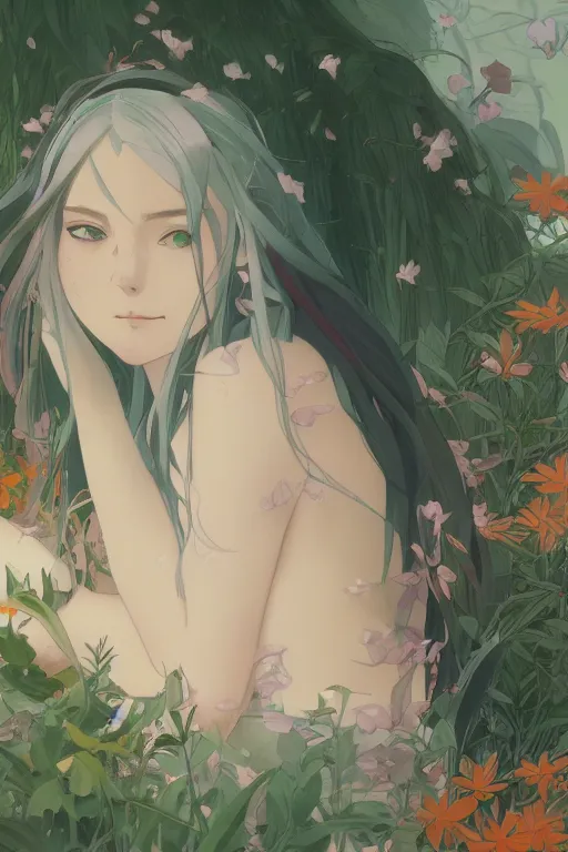 Prompt: a girl with long white hair lying in a bathroom bath at afternoon, plants, green and orange theme by krenz cushart and mucha and makoto shinkai and akihito yoshida and greg rutkowski, 4 k resolution