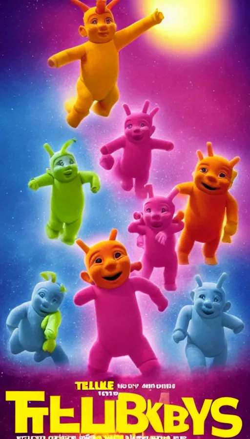 Image similar to movie poster for a movie about teletubbies in hell