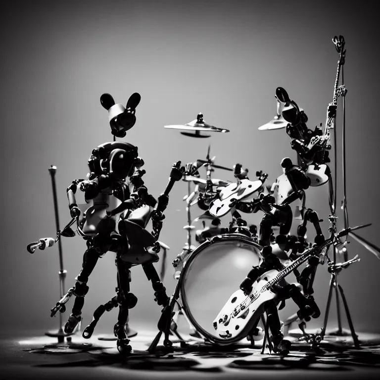 Image similar to a beautiful electronic concert photo shot of a couple of threea toys figurines by ashley wood, octopus robots playing drums and fender telecaster guitar, black background, concert light, dark mood, warm lights
