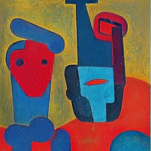 Prompt: Oil painting by Rufino Tamayo. Mechanical gods with bird faces kissing. Oil painting by Willem de Kooning.