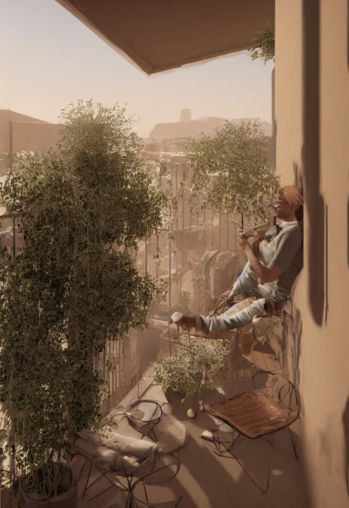 Prompt: italian balcony with a person smoking on a hot weather with desert dunes in the background, realistic, soft natural volumetric lighting, beautifully detailed 4 k octane render, 4 k post processing 8 k