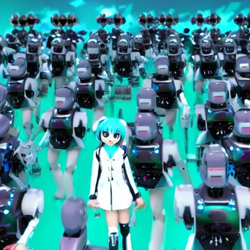 Prompt: hatsune miku leading an army of robots