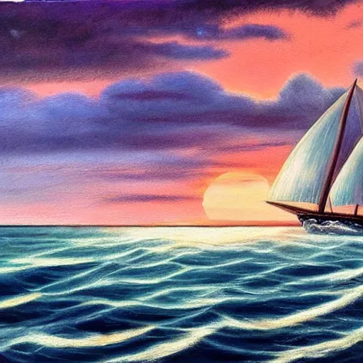 Image similar to ship in the sea, boat, sails, history, wood, oil painting, waves, romanticism, clouds, sunset, colorful