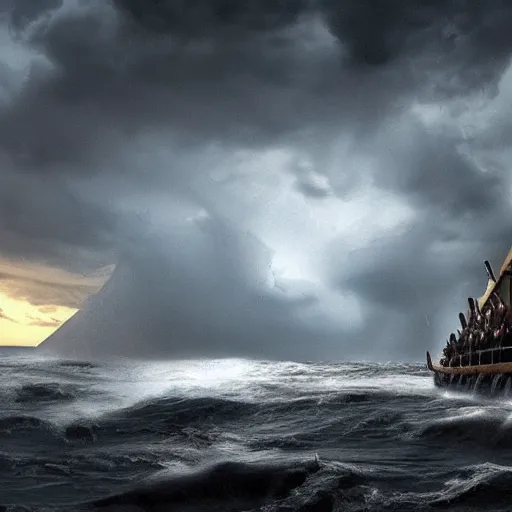 Prompt: the ark of noah in the middle of the storm. photorealistic. high details.