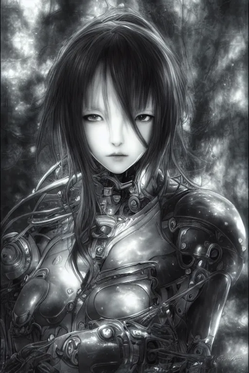 Image similar to a vertical portrait of a character in a scenic environment by Yoshitaka Amano, black and white, dreamy, cybernetic armor, wavy long black hair, highly detailed