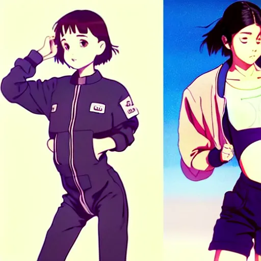 Image similar to a beautiful! boyish! natalie portman alluring gravure! model, wearing oversized mayan bomber jacket and leotard with overalls, bulky poofy bomber jacket with mayan patterns, aztec street fashion, trending on pixiv, painted by greg rutkowski makoto shinkai takashi takeuchi studio ghibli, akihiko yoshida