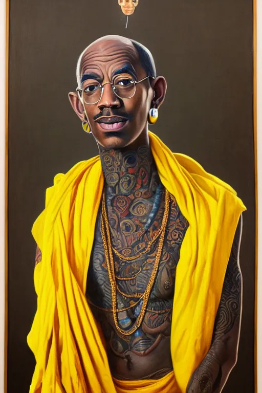 Prompt: full body portrait of wiz khalifa as mahatma gandhi, oil on canvas by william sidney mount, hindu art, great soul, black, black, yellow, yellow, trending on artstation