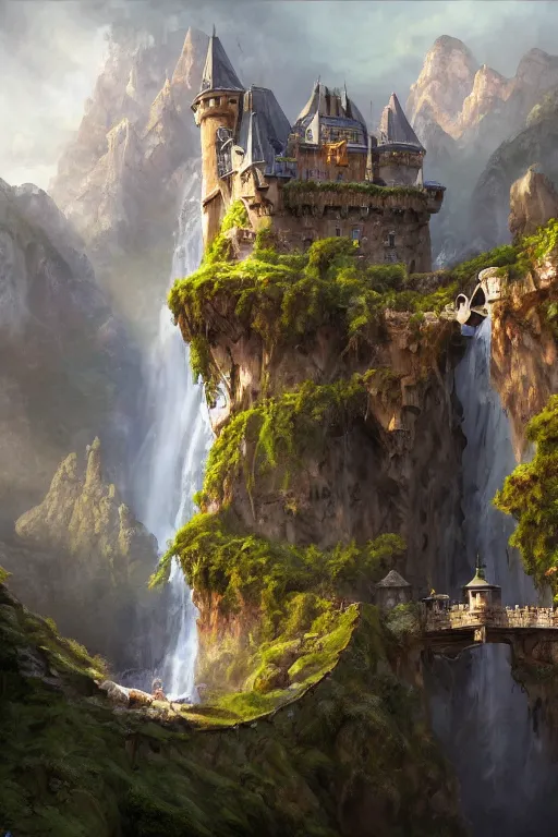 Prompt: a painting of a castle on top of a mountain, over a high waterfall, bridges connecting the buildings, view from below, a detailed matte painting by tyler edlin, artstation, fantasy art, matte painting, matte drawing, storybook illustration