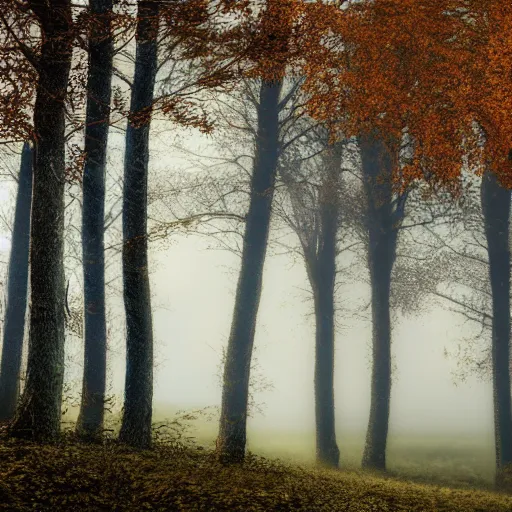 Image similar to shot in 7 0 mm, daydream, rustic autumn trees in the countryside, textured 3 d, intense detail, hyperealism, foggy morning, sun shines upon it, 4 k