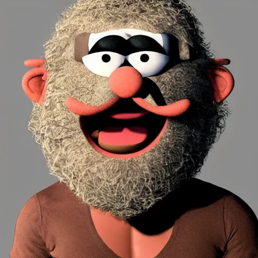 Image similar to a still of a forgotten muppet character looking very manly and modern, hilarious, laughing, hairy chest, huge chin, manly monster tough guy, roughled fur, photo real, photographic, photograph, artstation, trending, featured