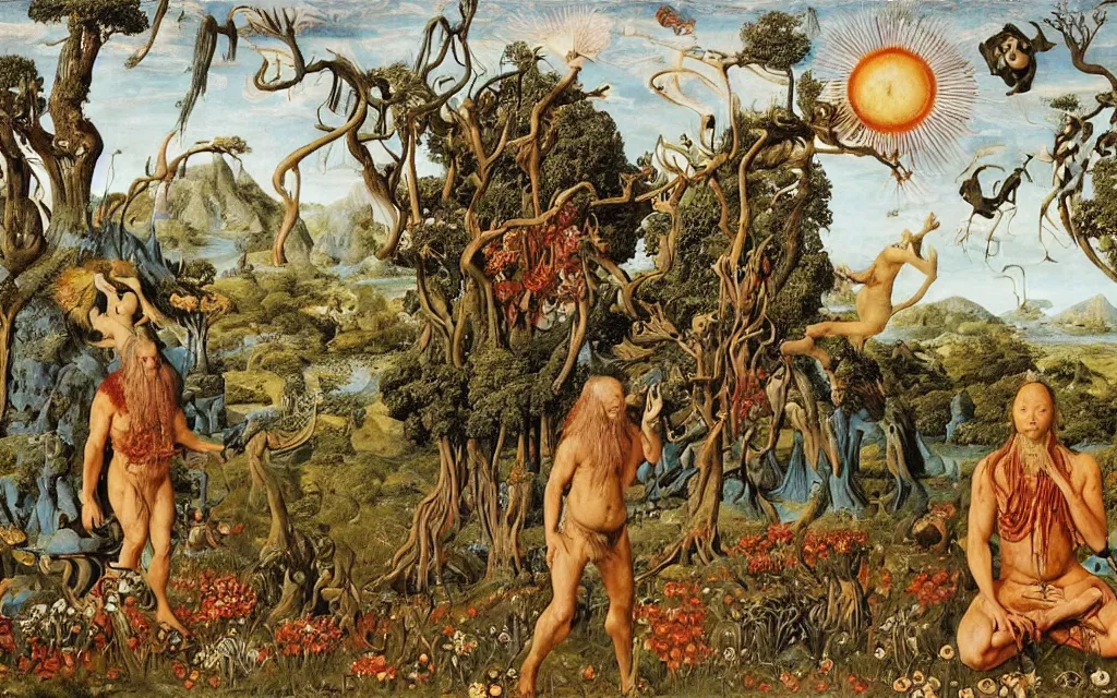 Image similar to a portrait photograph of a meditating centaur shaman and a flayed monk feeding harpies at a wide river delta. surrounded by bulbous flowers, animals and a few trees. mountain range under a blue sky of burning stars. painted by jan van eyck, max ernst, ernst haeckel, ernst fuchs and artgerm, trending on cgsociety