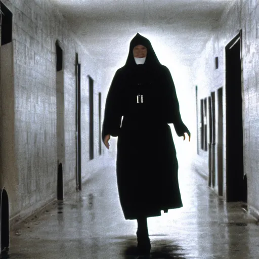 Prompt: a nun walking in the danvers state hospital. still from blade runner.