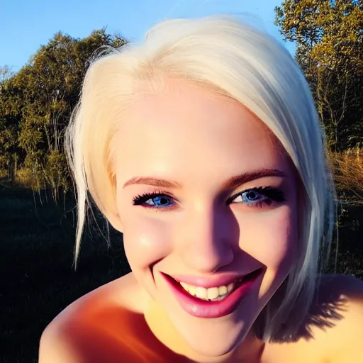 Image similar to beautiful selfie of a cute thin young woman smiling smugly, long light platinum blonde hair, flushed face, small heart - shaped face, cute freckles, light blue eyes, golden hour, 8 k, instagram