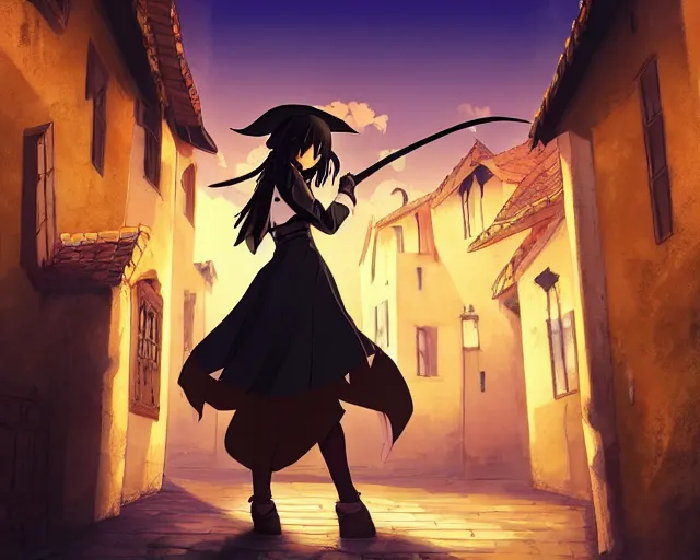 Image similar to key anime visual portrait of a young female witch walking through a busy medieval village, dynamic pose, dynamic perspective, cinematic, dramatic lighting, detailed silhouette, anime proportions