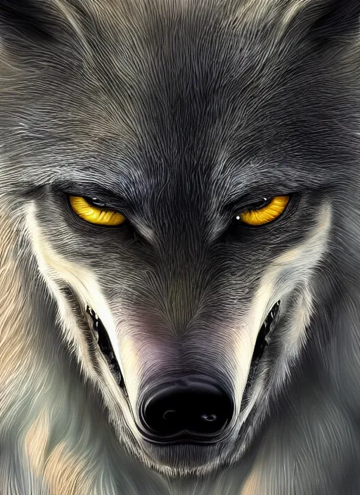 Image similar to werewolf, detailed eyes, fantasy, intricate, highly detailed, digital painting, 4k, HDR, concept art, smooth, sharp focus, illustration, by Wayne Reynolds