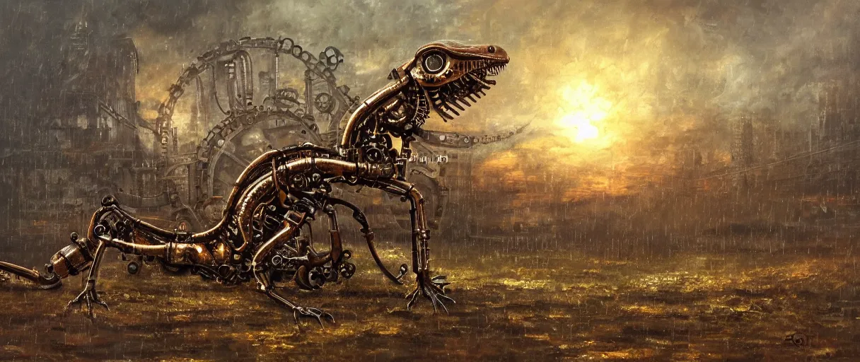 Image similar to beautiful oil painting of a mechanical lizard in a steampunk world, gears, misty, moody, rusty, sunset, rain