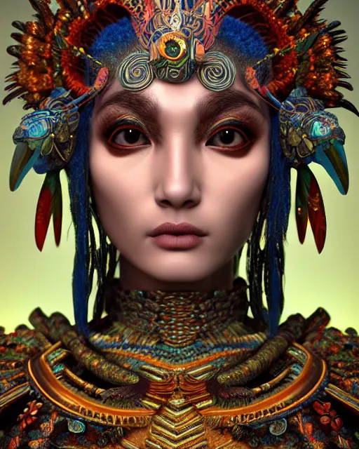 Image similar to 3 d warrior goddess close - up profile portrait. beautiful intricate highly detailed chuu!! magpie helm and richly embroidered blouse, quetzalcoatl, bioluminescent, plasma, lava, ice, feather, windy, artwork by tooth wu and wlop and annie leibovitz, octane 3 d render