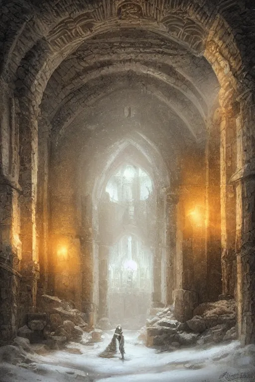 Prompt: Detailed Interior of Monastery Ruins, Frosty Winter, light of god, light shafts, candles, stunning atmosphere, in Style of Peter Mohrbacher, cinematic lighting