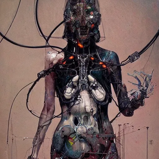Prompt: a female cyberpunk assassin skulls wires cybernetic implants, in the style of adrian ghenie, esao andrews, jenny saville,, surrealism, dark art by james jean, takato yamamoto