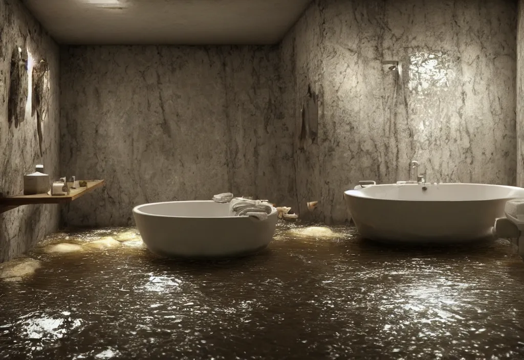 Image similar to kodak portra 4 0 0 photographic and realistic, interior of a bathroom in style of cave, detailed, octane render, unreal engine, 4 k, artstation, hyper realistic, wide angle, floor flooded, how a river, objects that float, 3 5 mm, sharp focus, soft light, volumetric light, in the style of gregory crewdson