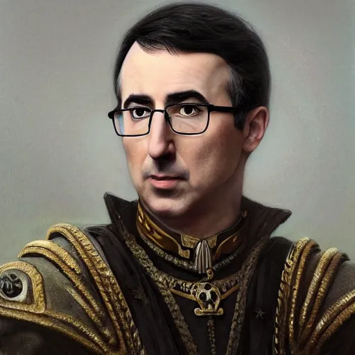 Image similar to portrait of stoic looking john oliver as the vigo carpathian painting, military uniform, fantasy, intricate, elegant, highly detailed, centered, dark, smokey, digital painting, artstation, concept art, smooth, sharp focus, illustration, art by artgerm and greg rutkowski and alphonse mucha