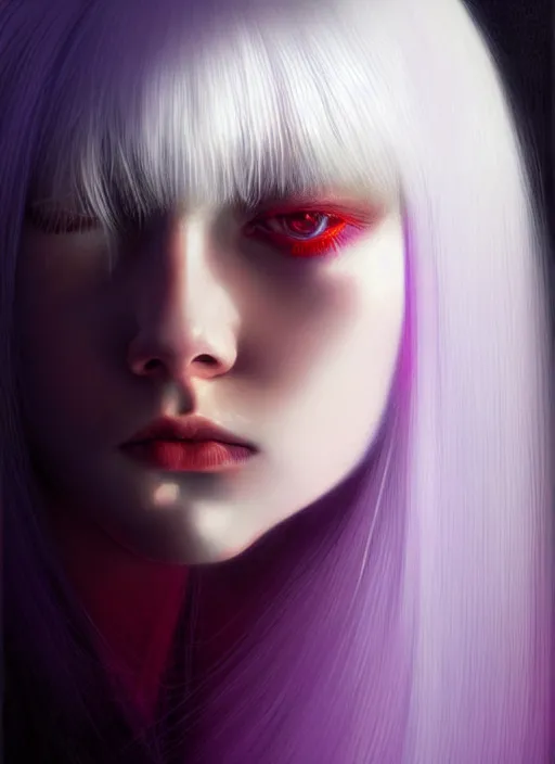 Image similar to hair whitebangs hair, black hair, whitebangs, portrait of teenage girl with white bangs, red irises, purple clothes, white bangs, bangs are different color from hair, intricate, elegant, glowing lights, highly detailed, digital painting, artstation, concept art, smooth, sharp focus, illustration, art by wlop, mars ravelo and greg rutkowski