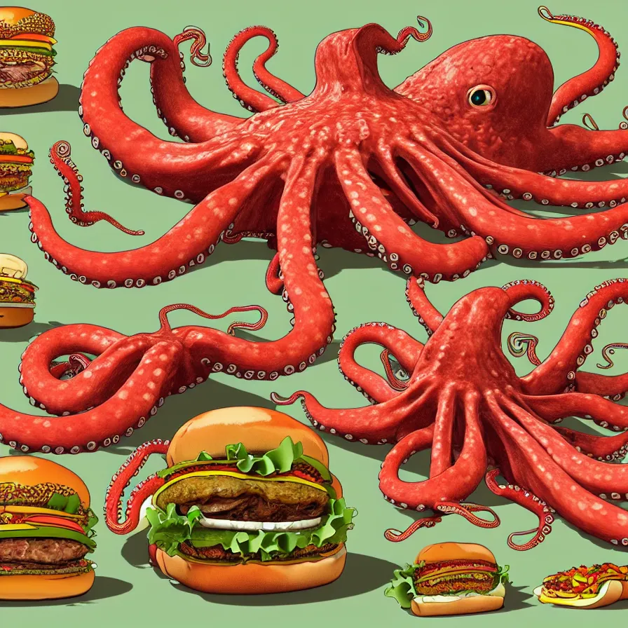 Image similar to ultra detailed anatomy textbook illustration of a giant octopus holding many burgers, tentacles wrapped around burgers, artstation, 8 k