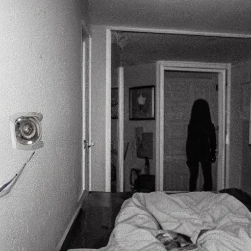 Image similar to night vision surveillance camera footage of alien in bedroom at night