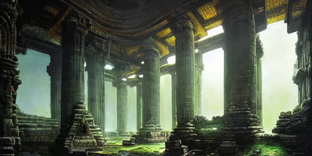 Prompt: beautiful hyperrealistic spectacular painting of the mysterious intricate ruins of the mysterious ancient temple, an advanced alien technology timemachine with a green glowing crystal from the future is inside the temple, by hubert robert and lee madwick and bastien lecouffe deharme, dramatic moonlight lighting, advanced technology