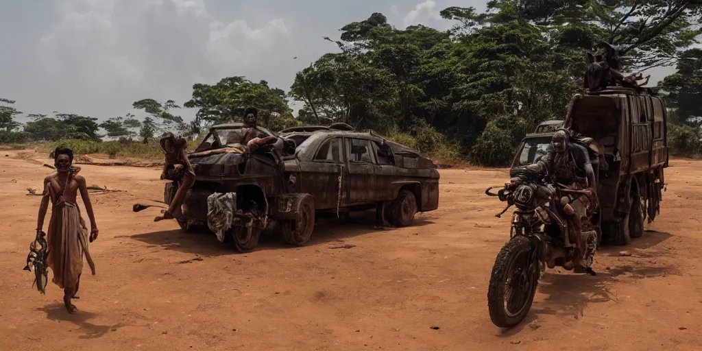 Image similar to sri lankan mad max style, film still, epic shot cinematography, rule of thirds