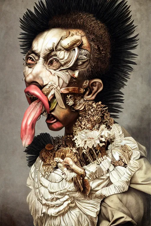 Image similar to Detailed maximalist portrait with dark skin, large mouth and with large white eyes, exasperated expression, HD mixed media, 3D collage, highly detailed and intricate, surreal illustration in the style of Caravaggio, dark art, baroque