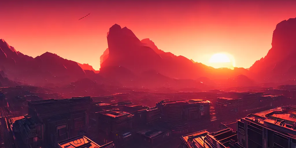 Prompt: beautiful sunset over detailed cyberpunk suburb in a valley surrounded by epic mountains with snowtops, sharp, highly detailed, hyperrealistic, kacper niepokolczycki, syd mead, 4 k, perfect geometry