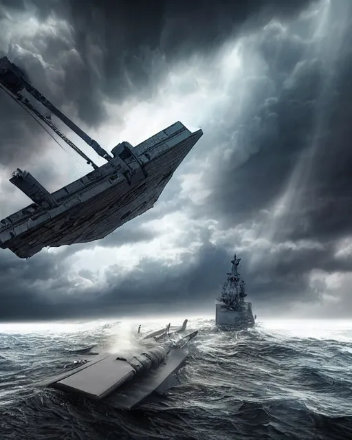 Image similar to scifi action scene of a fishing boat on stormy seas, a very large star destroyer spaceship flying overhead, the very large star destroyer spaceship is emerging from storm clouds, sunset lighting, stormy weather, dramatic lighting, unreal engine, hyper realism, realistic shading, cinematic composition, realistic render, octane render, detailed textures, photorealistic, ultrawide shot, 1 6 mm lens