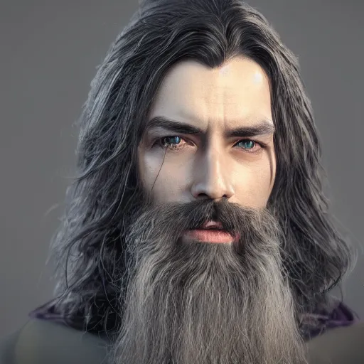 Image similar to a highly detailed portrait of a man with purple eyes, light gray long hair, beardless, wearing a black cloak, artstation, DeviantArt, professional, octane render