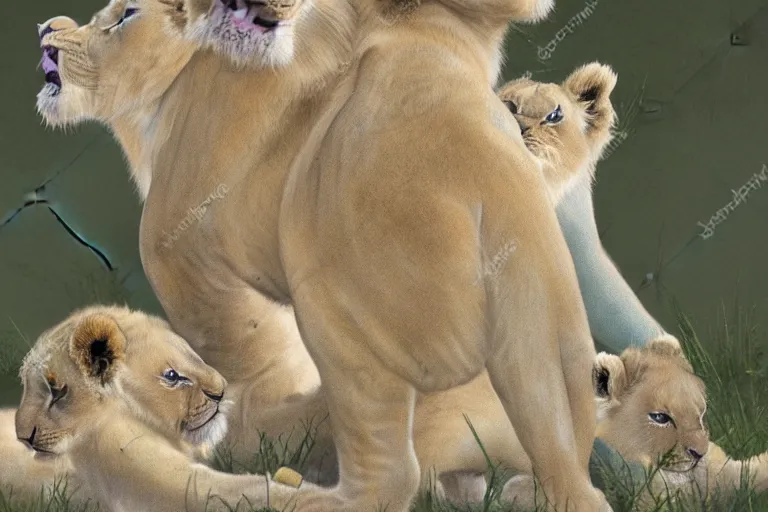 Image similar to beautiful aesthetic digital illustration of a pastel blue winged lioness with a litter of pastel cubs