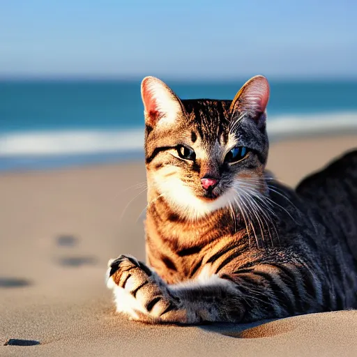 Image similar to realistic photo of an anthropomorphic cat chilling out on the beach