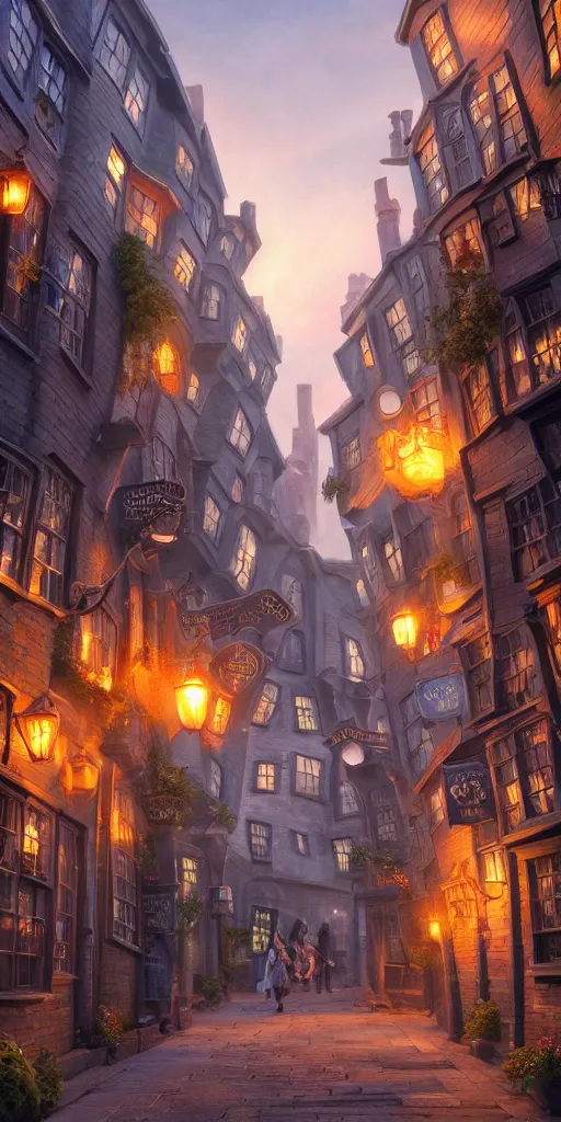 Prompt: Diagon Alley. Magical summer, trending on artstation, 50mm, by Noah Bradley