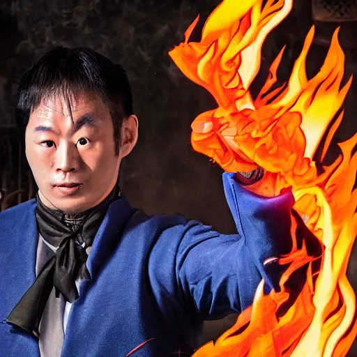 Image similar to A man with fire superpowers in the genshin impact style