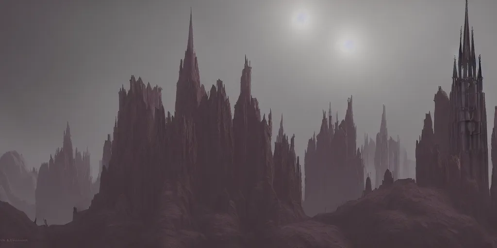 Image similar to dramatic render of a cathedral, gothic architecture, tall spires, top of a red rock canyon, vultures, 24mm angle, concept art by studio ghibli and eddie mendoza, atmospheric, moody, dark, cinematic, volumetric lighting, 8K