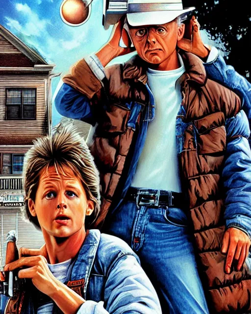 Prompt: photorealistic detailed oil painting poster for back to the future 2, in the style of steve hanks, ultra - realistic and intricate, epic lighitng